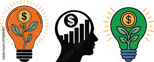 Three icons: two light bulbs with growing money plants, one human head with rising dollar chart for finance