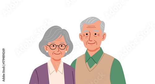 A heartwarming illustration of a happy elderly couple standing side by side with warm smiles conveying their enduring love and companionship.