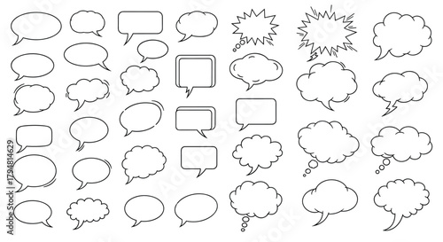 A diverse collection of hand drawn speech bubbles with varied shapes and sizes for creative expression and communication design.