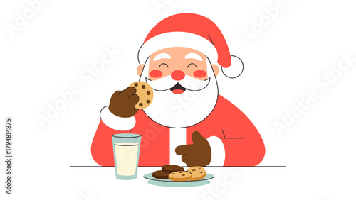 Santa Claus with Cookies and Milk: A jolly Santa, delighting in a plate of freshly baked cookies and a tall glass of milk, a warm and inviting scene, capturing the essence of holiday cheer.