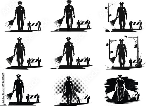 Zombie police officer with flashlight patrolling dark abandoned street, horror night scene vector illustration, creepy undead cop silhouette design for Halloween theme