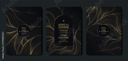 Premium gold background card design, elegant wave lines, abstract patterns, VIP aesthetic, luxury gala invitations. Modern vector template, dark geometric frame for events, invitations