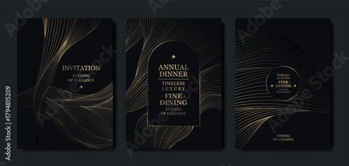 Premium gold background card design, elegant wave lines, abstract patterns, VIP aesthetic, luxury gala invitations. Modern vector template, dark geometric frame for events, invitations