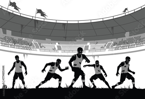 Zombie soccer players on haunted football field under spooky stadium lights, horror sports concept, creepy undead athletes vector illustration for Halloween themed design
