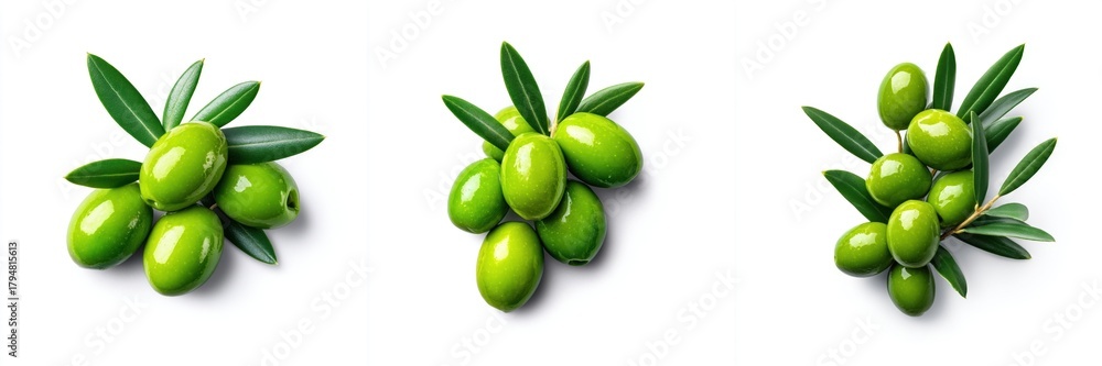 Obraz premium Fresh Green Olives and Leaves on White Background