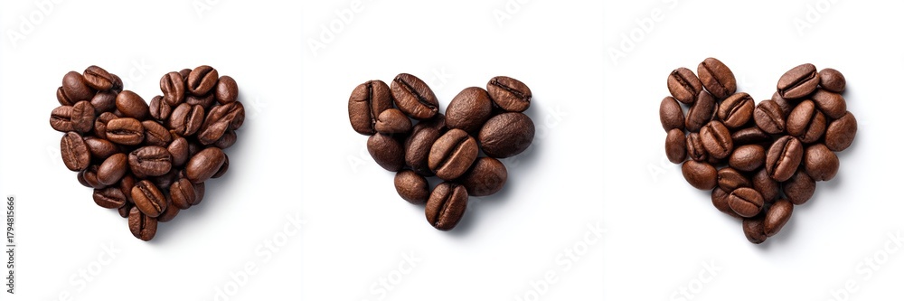 Fototapeta premium Collection of Heart-Shaped Roasted Coffee Beans Isolated on White