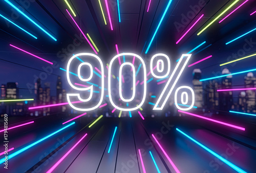 A vibrant neon discount banner displays '90%' with colorful light streaks radiating from the center. The background features a city skyline at night.