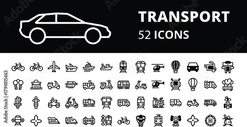 Transport and travel vector outline icons set. Containing essential symbols like car, airplane, train, bus, ship, bike, scooter, helicopter, and various commuting vehicles.