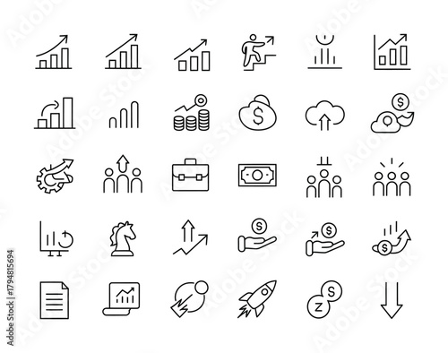 Business growth success outline icons set for corporate strategy and performance
