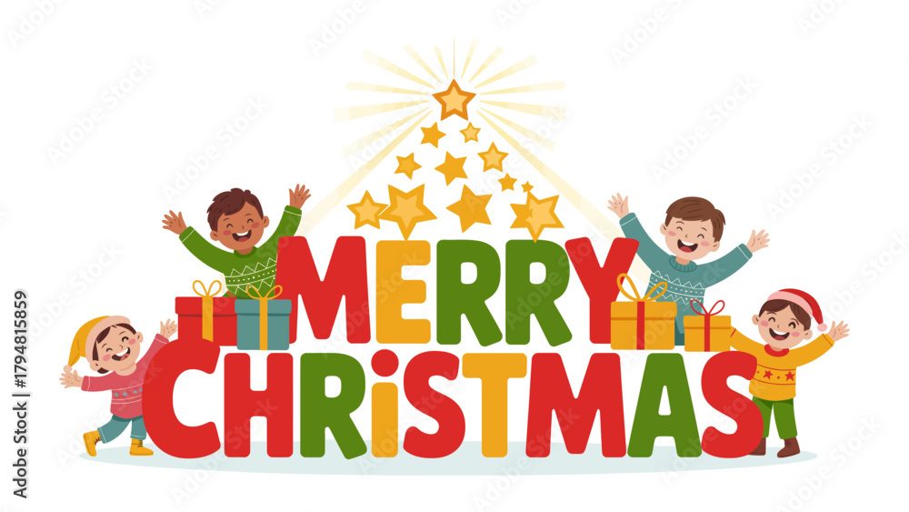 Fototapeta premium Christmas Joy: A cheerful illustration of children celebrating Christmas, surrounded by gifts and festive cheer, and a vibrant holiday atmosphere.