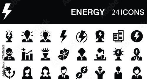 Energy and power vector solid icons set. Containing essential symbols like lightning bolt, electricity, light bulb, innovation, business, building, and renewable resources.