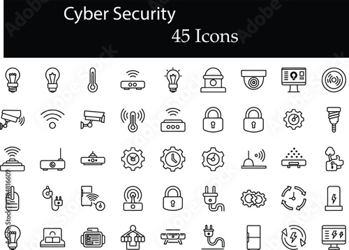 Cyber security and smart home vector outline icons set. Containing essential symbols like padlock, Wi-Fi, camera, router, security system, network, and surveillance devices and more.