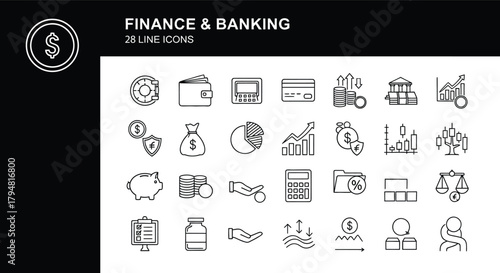 Finance and banking vector outline icons set. Containing essential symbols like money, cash, dollar, credit card, ATM, investment, savings, profit, and financial security and more.