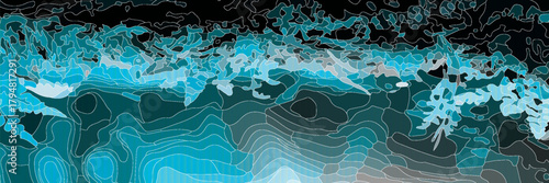 Colorful blue acrylic paint on paper texture. Chaotic abstract organic design. Decalcomania art technique background.