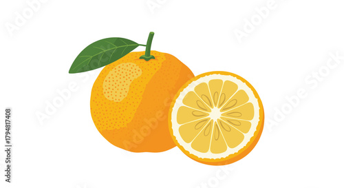 A whole orange and a slice of orange with green leaf attached to the fruit.