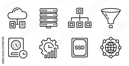 Cloud server data technology outline icons set for digital storage and computing