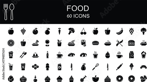 Food and drink vector outline icons set. Containing essential symbols like fruits, vegetables, fast food, sushi, coffee, kitchen utensils, and dessert items. Editable stroke illustration.