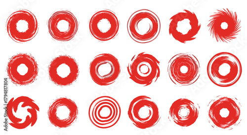 A collection of twenty unique red circular brush stroke elements with a distressed textured effect for graphic design projects.