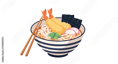 Delicious noodle soup dish featuring tempura shrimp and nori seaweed.