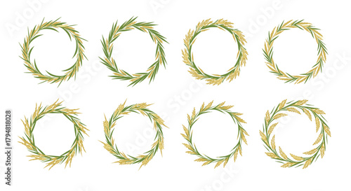 Eight circular decorative green and gold floral arrangements forming wreaths.