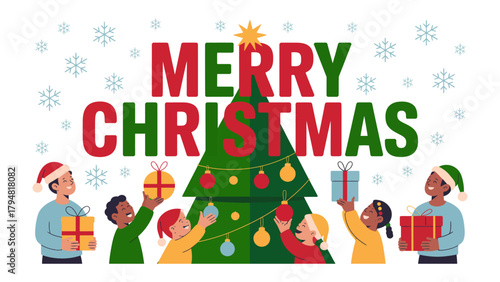 Christmas cheer shared under festive greetings, a heartwarming scene where people exchange presents beneath a decorated tree, and celebrate together the most wonderful time of the year.