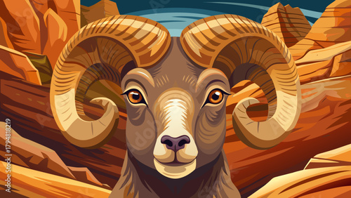 Very beautiful close-up portrait of a bighorn sheep in Valley of Fire, Nevada, USA, featuring detailed facial features, curved horns, and natural textures, set against a desert rock background to capt