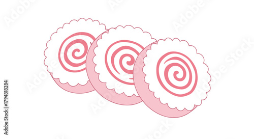 A close up of three pink and white swirl patterned food slices arranged in a row on a white background.
