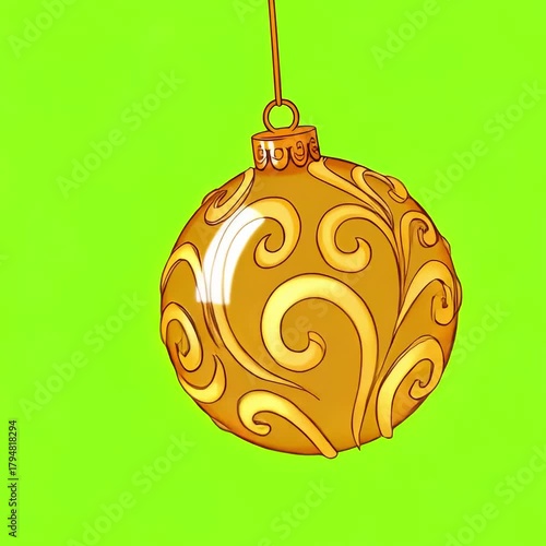 Gold Christmas bauble. Christmas. New Year. Green background. Animation. 4K. chroma-key