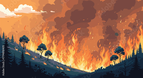 A massive forest fire rages with intense flames and smoke filling the sky.