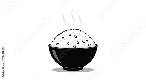 A steaming bowl of white rice in a black ceramic dish on a white background with shadows.
