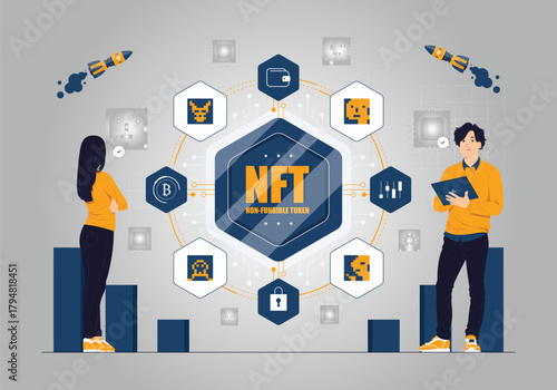 Vector concept illustration of non fungible token or nft, digital crypto art blockchain technology flat cartoon style