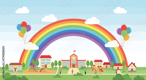 A vibrant rainbow arches over a charming school campus with colorful balloons floating in the sky.