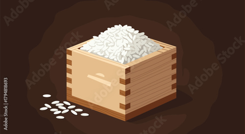 A beautifully rendered pixel art illustration of a wooden box filled with white rice grains.