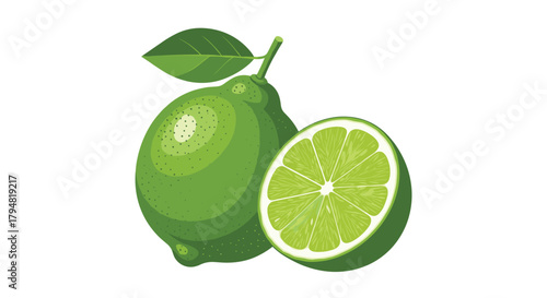 A whole and half lime fruit with leaves a citrus ingredient for cooking and drinks.