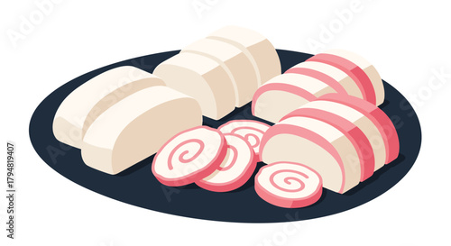 A selection of sliced seafood cakes arranged on a dark plate for presentation.
