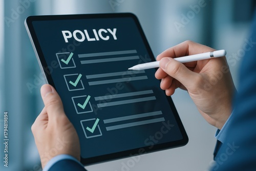 Business professional reviewing policy compliance on a digital tablet, emphasizing modern documentation and organizational efficiency. Concept of technology, management, and accountability.