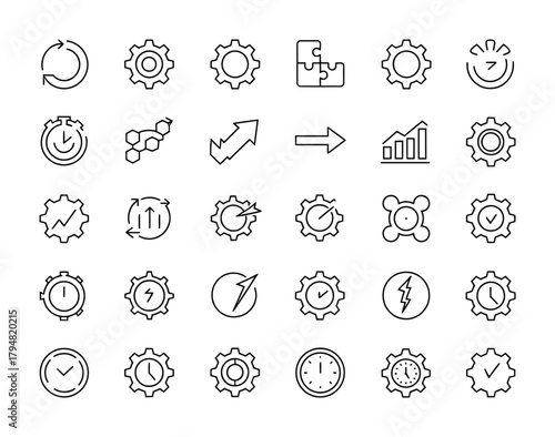 Process gear optimization outline icons set for workflow and performance