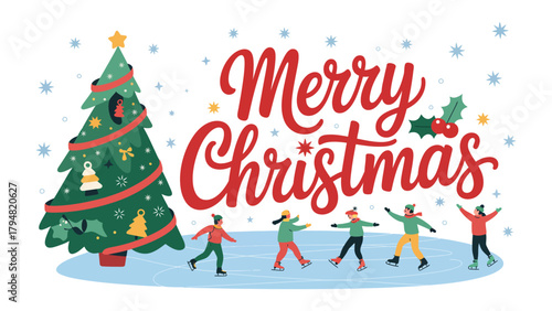 Holiday Cheer: A whimsical illustration of a festive Christmas scene, featuring skaters, snow, a decorated tree, and a heartwarming message of Merry Christmas conveys joy and seasonal happiness.