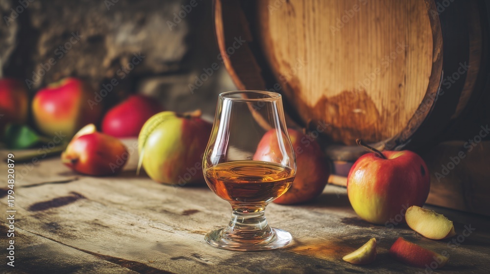Naklejka premium Glass of Apple Brandy with Fresh Apples and Wooden Barrel. Generative AI