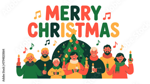 Christmas Carols: a heartwarming scene of a diverse group of carolers gathered together to spread holiday cheer and sing Christmas carols. Capturing the spirit of togetherness, joy.