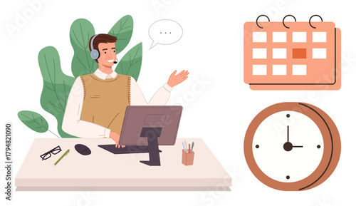 Customer service representative working at a desk with a computer, surrounded by clock and calendar elements. Ideal for time management, customer support, scheduling, remote work, organization