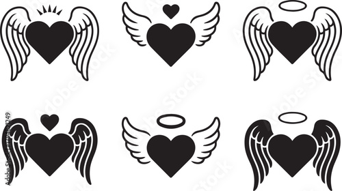 Heart with Angel Wings Vector Icon. Vector Black silhouettes. with white background