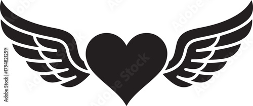 Heart with Angel Wings Vector Icon. Vector Black silhouettes. with white background