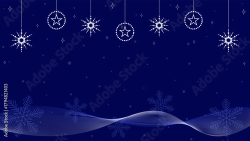 Blue Background Decorated With Wavy Lines Sparkling Snowflakes And Christmas Ornaments