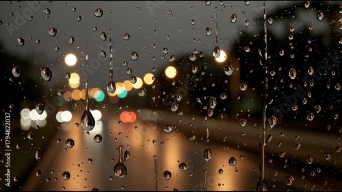 Moody, abstract blur of wet city street at night with atmospheric rain and light. somber, reflective scene through window with beautiful raindrop bokeh effects