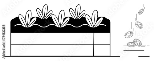 Plants thriving in soil layers paired with falling coins suggest agricultural investment, growth, sustainability, and financial prosperity. Ideal for farming, eco-business, economy, green energy