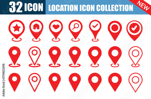 Red location pin icon symbol sign. Map marker pointer icon set.