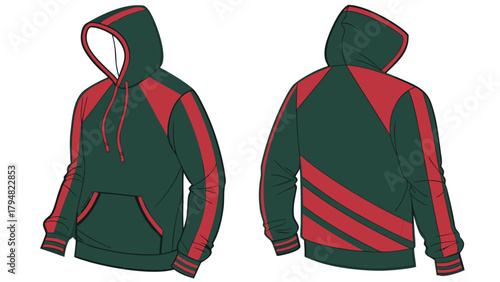 Dark Green red sweatshirt hoodie mockup  front and back, provided on a white background.