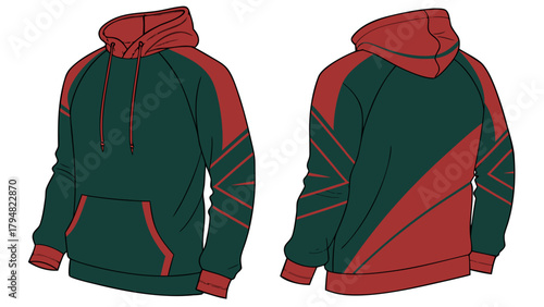 Dark Green red sweatshirt hoodie mockup  front and back, provided on a white background.