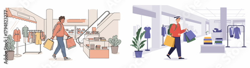 Happy shoppers exiting clothing and retail stores inside a modern mall or department store, carrying multiple shopping bags.